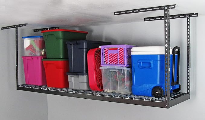 SafeRacks 3x8 Overhead Garage Storage Rack - 500 Pound Weight Capacity Height Adjustable Steel Ceiling-Mounted Rack with Accessories (Hammertone) (12"-21")