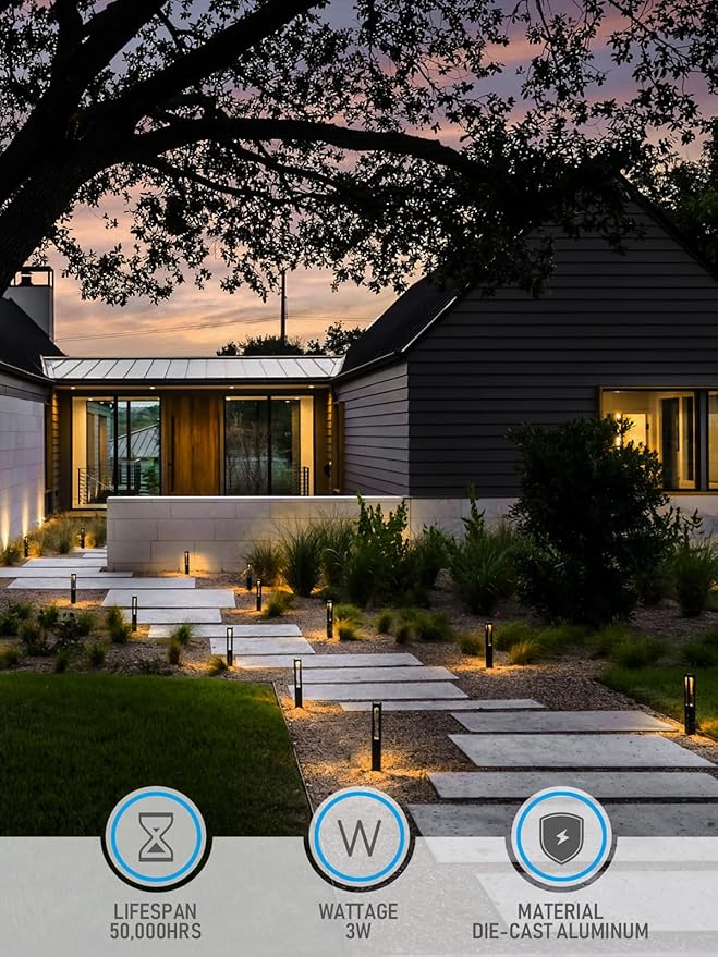 LEONLITE Low Voltage Path Lights, 3W LED Landscape Pathway Lights, Outdoor Landscape Lighting for Driveway, Garden, Aluminum, 12-24V AC/DC, ETL, IP65 Waterproof, 3000K Warm White, Black, Pack of 6