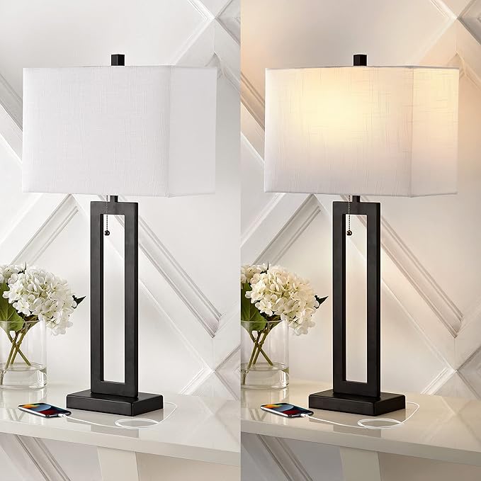 JONATHAN Y JYL1126C-SET2 Sabrina 28.5" Vintage Industrial Iron LED Table Lamp with Pull-Chain and USB Charging Port Mid-Century, Minimalist Bedside Desk Nightstand Lamp, Black (Set of 2)