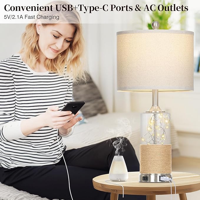 25" Coastal Glass Lamps Set of 2, Touch Control 3-Way Dimmable Night Light Modern Table Lamp with USB A+C Ports & AC Outlets Linen Fabric Shade for Living Room Bedroom Silver Ocean(LED Bulbs Included)