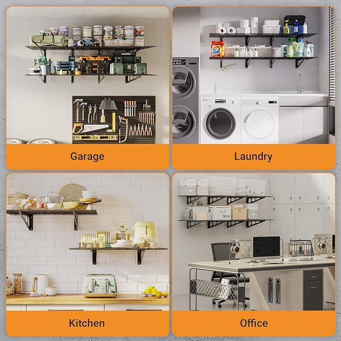 2x6 ft Garage Shelving, 2-Pack Wall-Mounted Shelves for Garage, Kitchen, Pantry Storage, 800 lbs Total Load Capacity Gargae Wall Shelving, Black