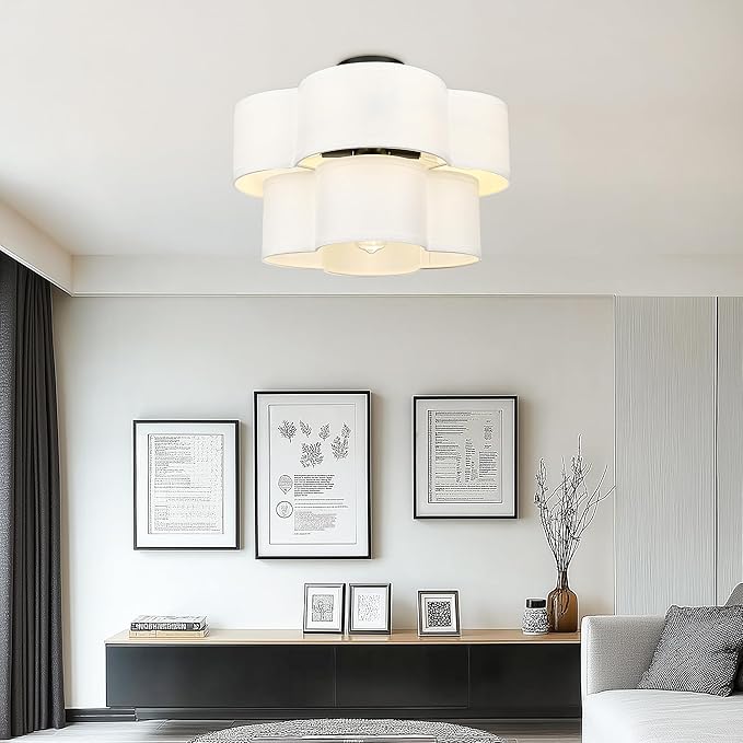 Black Semi Flush Mount Ceiling Lights, 5-Light 18" Ceiling Light Fixtures with Double Fabric Shade in Quatrefoil Shape, Drum Light for Nursery Bedroom, AD-22007-5SF-BK