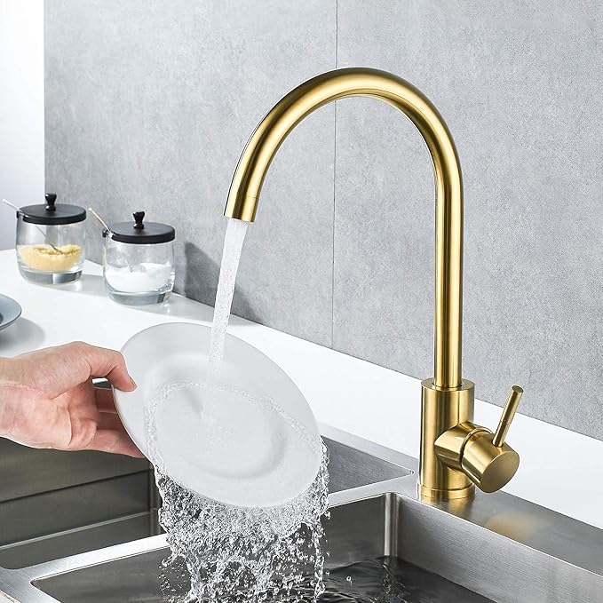 Single Handle High Arc Brushed Gold Kitchen Faucet Stainless Steel Commercial Single Hole Kitchen Sink Faucet,Modern One Hole Bar Sink Faucet(Brushed Gold)