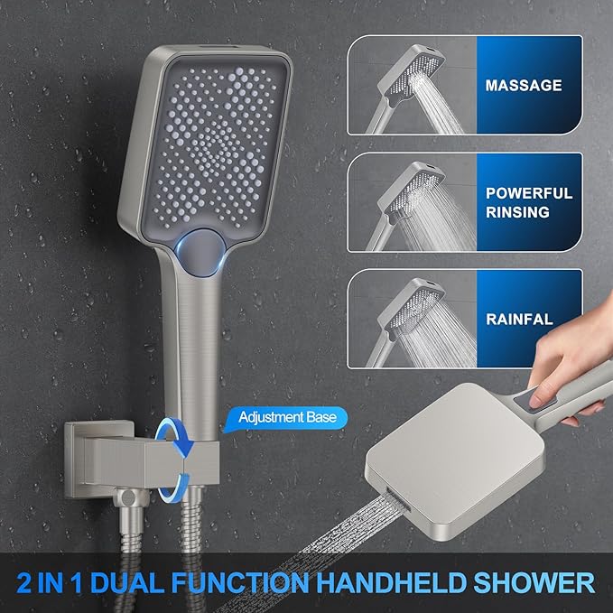 Shower Faucet Set, 10" Ceiling Mount Rainfall Shower System with 2 Rain Shower Head and Multi-function Handheld Head Push Button Diverter Shower Faucet Trim Kit Brushed Nickel