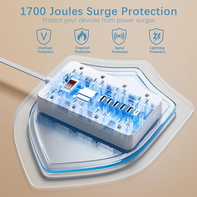 10 Ft Long Extension Cord,Power Strip Surge Protector HUNIAN Flat Plug with 8 Widely Spaced Outlets 6 USB(1 USB C Port), Wall Mount Charging Station for Home and Office,White