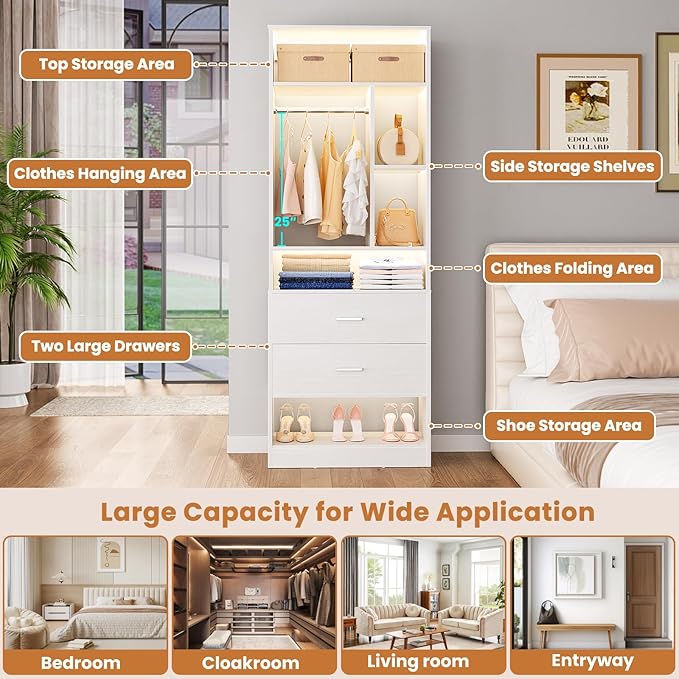 4FT Closet System with 4 Wood Drawers, 48" Closet Organizer System with 10+ Small Shelves & 2 Hanging Rods, Walk-in/Nursery Closet Systems, Set of 2, White (48" L x 15" W x 80" H)