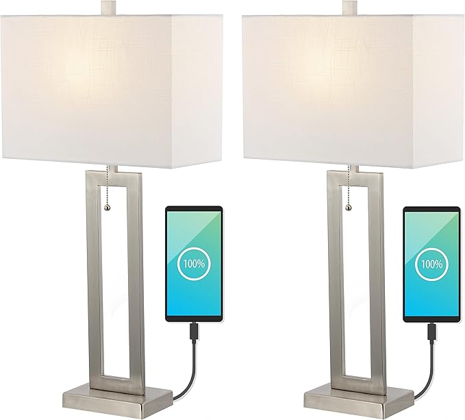 JONATHAN Y JYL1126B-SET2 Sabrina 28.5" Vintage Industrial Iron LED Table Lamp with Pull-Chain and USB Charging Port Mid-Century, Minimalist Bedside Desk Nightstand Lamp, Nickel (Set of 2)