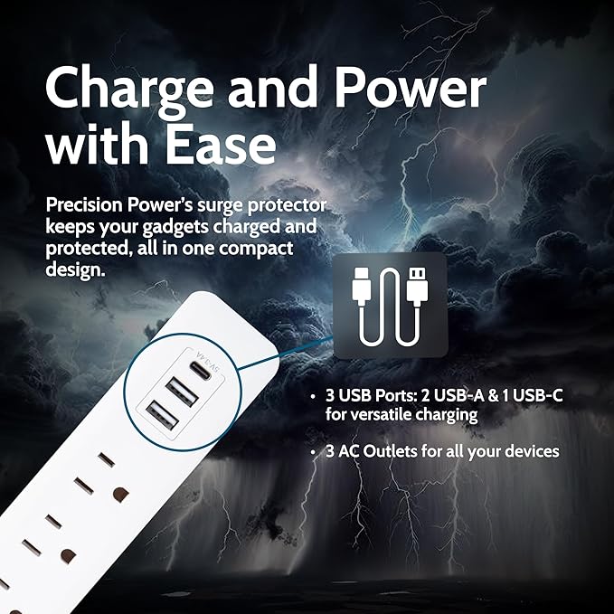 Precision Power Flat Plug Surge Protector Extension with 3 feet Cord – Compact Heavy Duty Power Strip & Flat Plug with 3 AC Outlets, 3 USB Ports for Home and Office