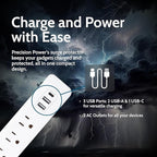 Precision Power Flat Plug Surge Protector Extension with 3 feet Cord – Compact Heavy Duty Power Strip & Flat Plug with 3 AC Outlets, 3 USB Ports for Home and Office