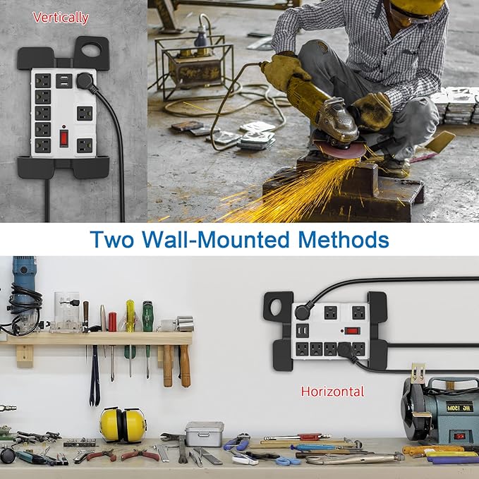 Heavy Duty Power Strip with USB, Workshop 8 Outlet Surge Protector 2700 Joules, Grey Industrial Metal 15Amp Power Strip, 10FT Extension Cord and Wide Spaced.