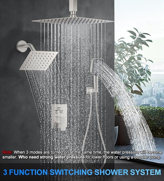 Shower Faucet Set, 10" Ceiling Mount Rainfall Shower System with 2 Rain Shower Head and Multi-function Handheld Head Push Button Diverter Shower Faucet Trim Kit Brushed Nickel