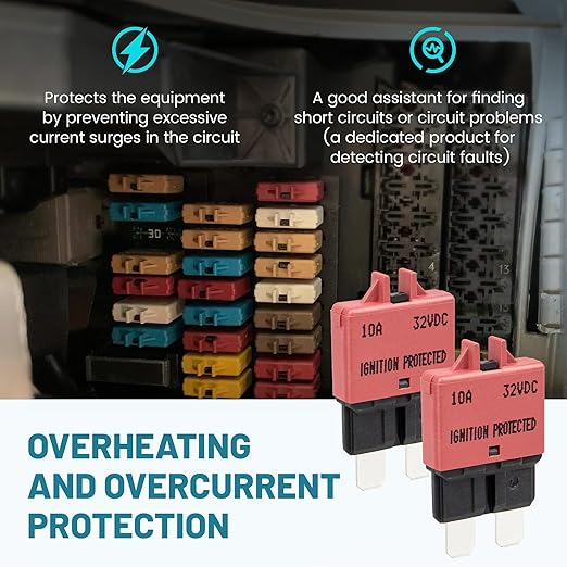 NuIth Manual Reset Mini Fuse Circuit Breakers 10A, E39 Low Profile ATO/ATC Circuit Breaker Blade Fuse 12V-32V DC 10A Re-settable Standard Blade Fuses for Car Truck RV Marine (2PCS-10A)