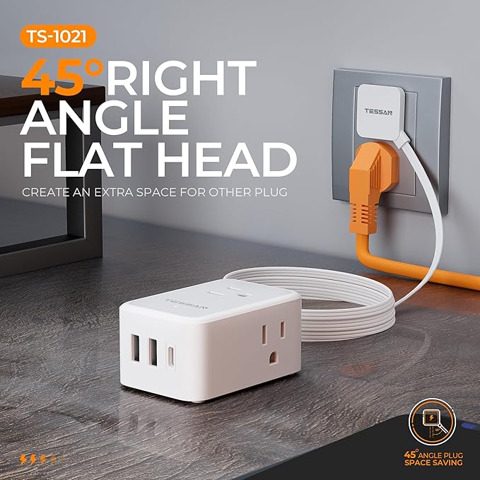 Short Flat Extension Cord, TESSAN Small Power Strip with 3 USB Port (1 USB C), 3 Outlets Small Charging Station, 3 ft Slim Plug for Cruise Travel Office School Dorm Room Essentials