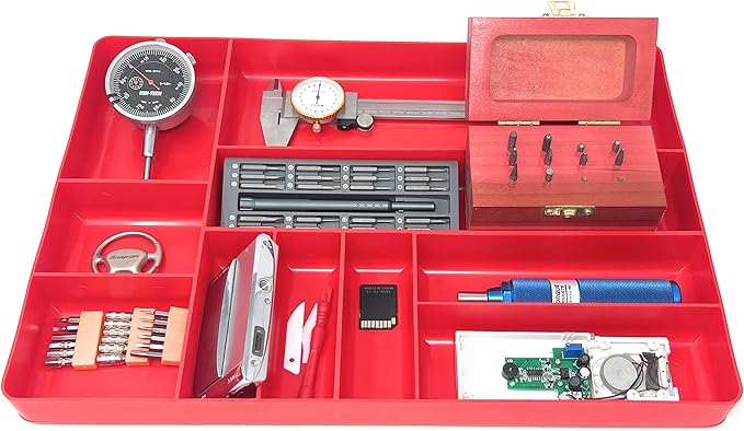 MLTOOLS Tool Drawer Organizer Tray - 10-Compartment Home & Garage Tool Tray - Stackable Workbench Toolbox Organization Holder for Small Parts, Batteries, Supplies - Made in The USA - OT10R Red