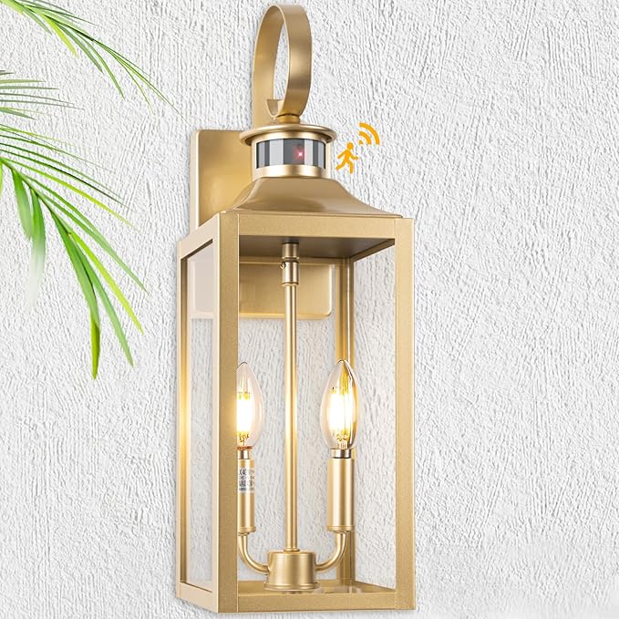 20" Gold Motion Sensor Outdoor Light, Large Dusk to Dawn Outdoor Lighting Fixture, Farmhouse Wall Mounted Porch Lamp, Waterproof Sconce Light for Outside Patio, 3 Modes/2-Light/1-Pack