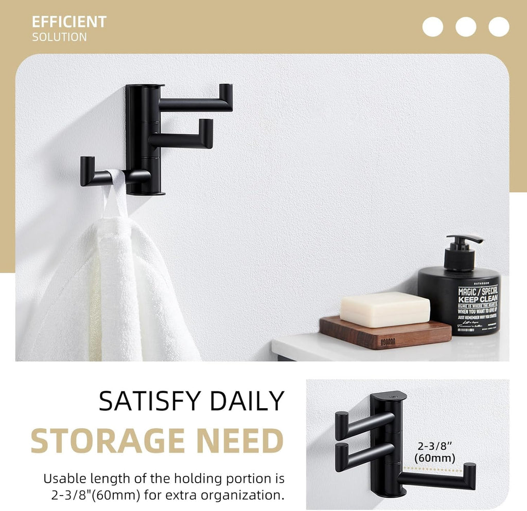 Angle Simple Swivel Towel Hook 3 Arms, SUS 304 Stainless Steel Foldable Bathroom Robe Towel Hook, Wall Coat Holder, Matte Black
