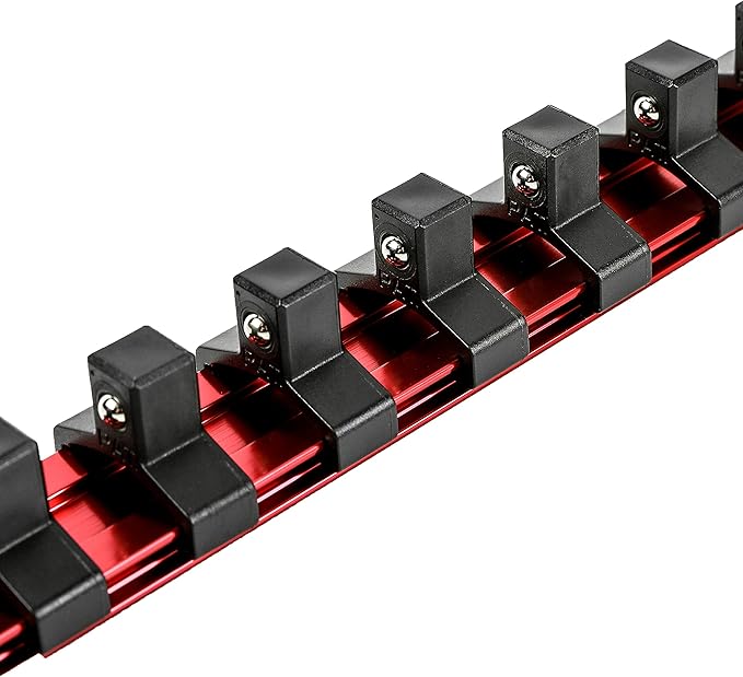 ARES 70202-3/8-Inch Drive Red Aluminum Socket Organizer - Store up to 16 Sockets and Keep Your Tool Box Organized - Sockets Will Not Fall Off this Rail