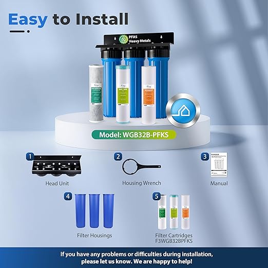 iSpring PFAS & Heavy Metals Whole House Water Filter System, SGS-Tested to Reduce Up to 99% PFOA & PFOS 3-Stage Filtration Removes Sediment, Lead, 20” x 4.5” Filters 1” Inlet/Outlet Model: WGB32B-PFKS