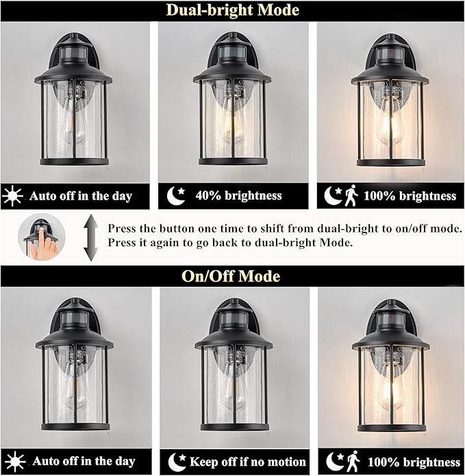 MICSIU 11.5 Inch Motion Sensor Outdoor Wall Light Fixture, Dusk to Dawn Outdoor Light with Clear Seedy Glass, Matte Black Exterior Light for House, Front Porch, Garage, Walkway