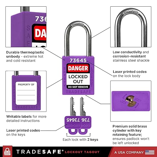 TRADESAFE Lockout Tagout Locks Set - 10 Purple Loto Locks, Lockout Locks Keyed Different, 2 Keys Per Lock, OSHA Compliant Lock Out Tag Out Padlocks, Safety Padlocks for Electrical Lockout Tag Out Kits