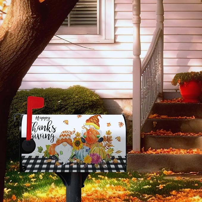 Happy Thanksgiving Mailbox Covers Magnetic Oversized Fall Gnomes Pumpkins Mailbox Cover Large Size 25.5x21 Inch Decor Black White Plaid Letter Post Box Wraps for Garden Outdoor