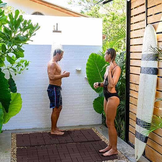 Goovilla Plastic Interlocking Deck Tiles, 27 Pack Outdoor Patio Flooring, 12"x12" Interlocking Decking Tile Outdoor All Weather Use, Waterproof Patio Pavers for Pool Balcony Backyard Porch, Dark Brown