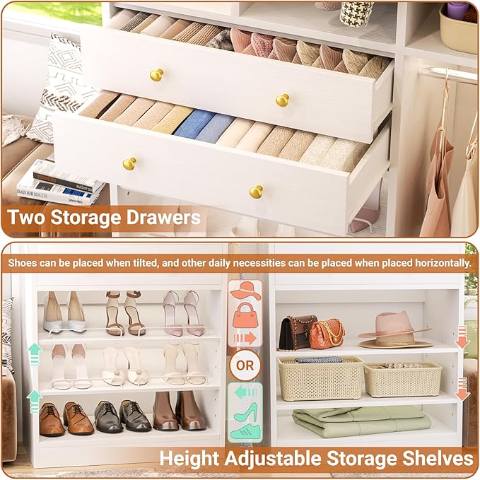 5FT Small Closet System with Drawers, 60" Closet Organizer System with Reversible Hanging Shelving, Closet Systems for Small/Walk-in Closets, White