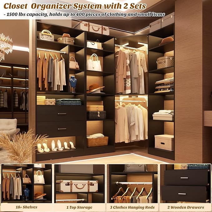 Corner Closet System with 2 Sets, 63.2" Corner Closet Organizer System with 2 Drawers + 18 Shelves + 3 Hanging Rods, Reversible L Shaped Walk-in Closets, Black (63.2" L x 39.2" W x 80" H)