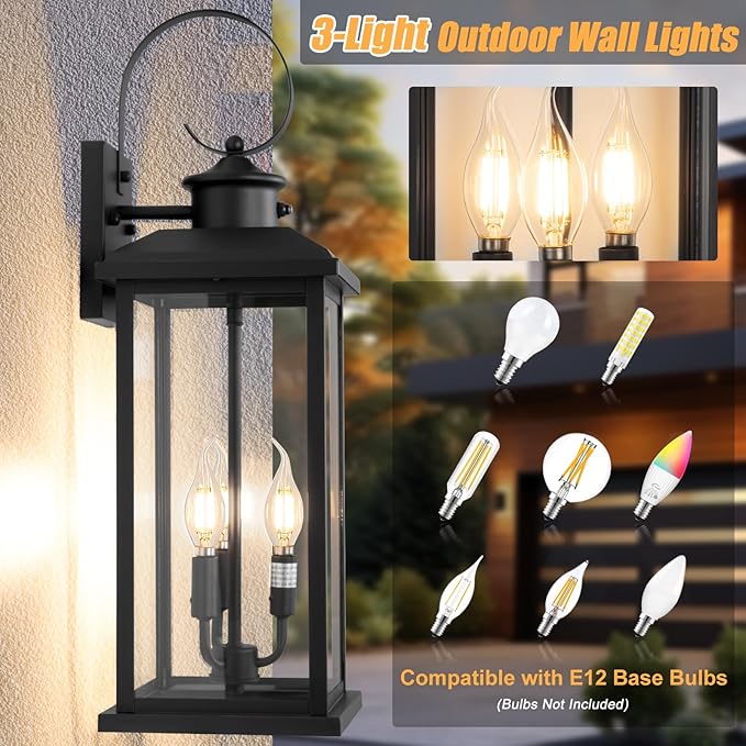24" Dusk to Dawn Outdoor Wall Light Fixture 2 Pack-Black Extra Large Modern Porch Lantern 3-Light, Waterproof Exterior Lighting Sconce Wall Mount, Outside Lamp for Entryway Garage Coach E12 Base