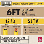 12 Gauge Outdoor Extension Cord 6 ft, 12/3 Heavy Duty Extension Cord 3 Prong Lighted End 6 Foot, SJTW Weatherproof Industrial Electrical Cable for Major Appliances, Proudly American Brand