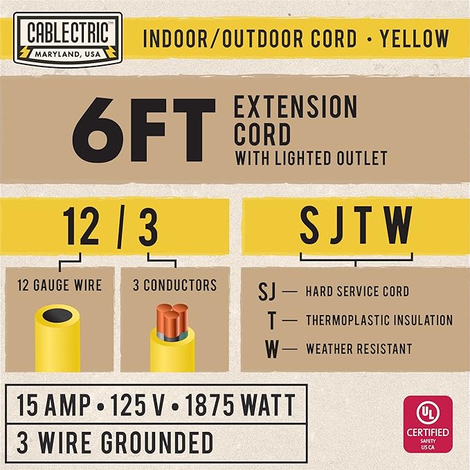 12 Gauge Outdoor Extension Cord 6 ft, 12/3 Heavy Duty Extension Cord 3 Prong Lighted End 6 Foot, SJTW Weatherproof Industrial Electrical Cable for Major Appliances, Proudly American Brand