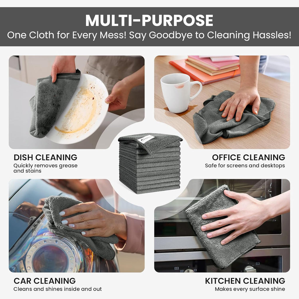 Microfiber Cleaning Cloth, 12 Pack Grey Cleaning Rags for Housekeeping, Reusable Microfiber Towels for Car, Kitchen, Bathroom and Household Cleaning Supplies, 11.8"X11.8"