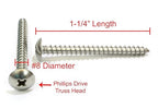 #8 x 1-1/4" Stainless Truss Head Phillips Wood Screw, (100pc) 18-8 (304) Stainless Steel Screws by Bolt Dropper, ssd Screws