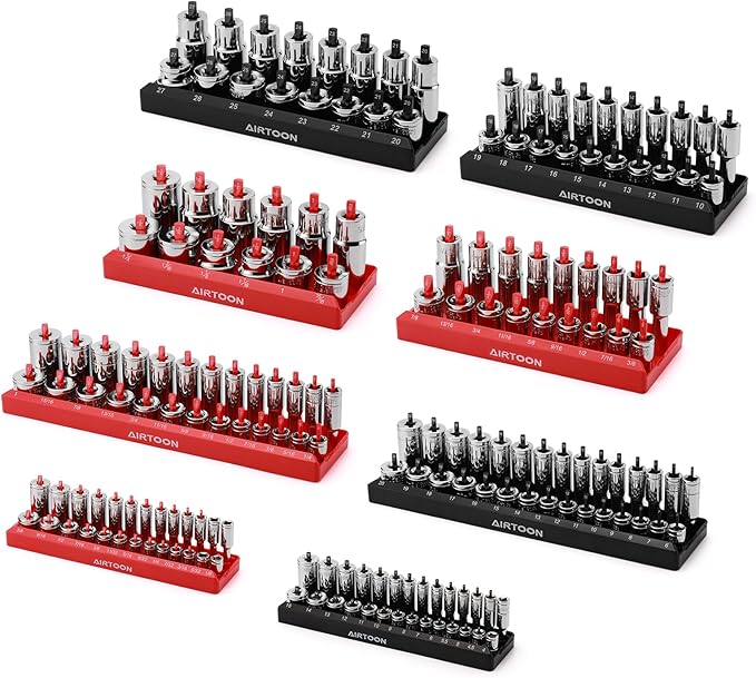 AIRTOON 8-Piece Socket Organizer Trays, SAE and Metric Socket Tray Set, 1/4", 3/8", and 1/2" Drive Deep and Standard Socket Holders Organizers for Toolbox, Black & Red
