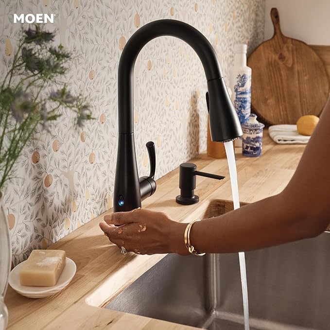 Moen Essie Matte Black MotionSense Wave One-Handle Touchless Kitchen Faucet with Pulldown Sprayer and Soap Dispenser, 87014EWBL