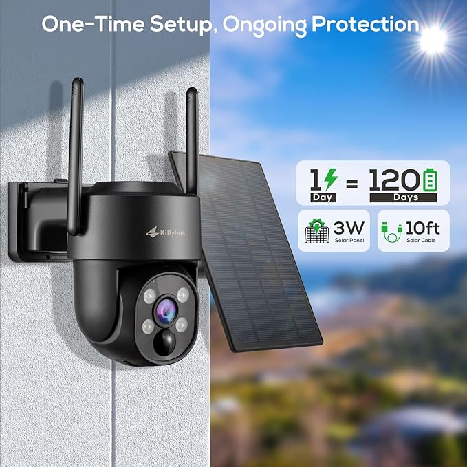 Kittyhok Wireless Solar Security Camera System | 4pcs Bullet Solar Camera, 2pcs PT Solar Security Camera Outdoor, Solar Power, Human Detection, Spotlight, 10CH NVR, Local Storage, No Monthly Fees