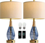 OYEARS 23" Table Lamps for Living Room Set of 2 Bedside Lamps for Night Stands Bedroom Lamps Farmhouse Rattan Boho Lamp Glass Nightlight End Table Lamp with USB C+A (Blue),Two Light Points
