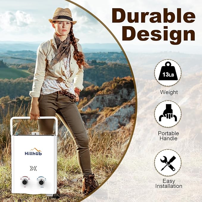 Hillhub Portable Propane Tankless 34,000BTU Water Heater, 1.32GPM Outdoor Shower Water Heater for Camping 5L, Anti-freezing Protection