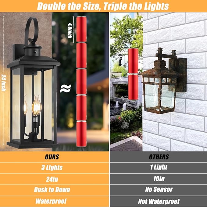 24" Dusk to Dawn Outdoor Wall Light Fixture 2 Pack-Black Extra Large Modern Porch Lantern 3-Light, Waterproof Exterior Lighting Sconce Wall Mount, Outside Lamp for Entryway Garage Coach E12 Base