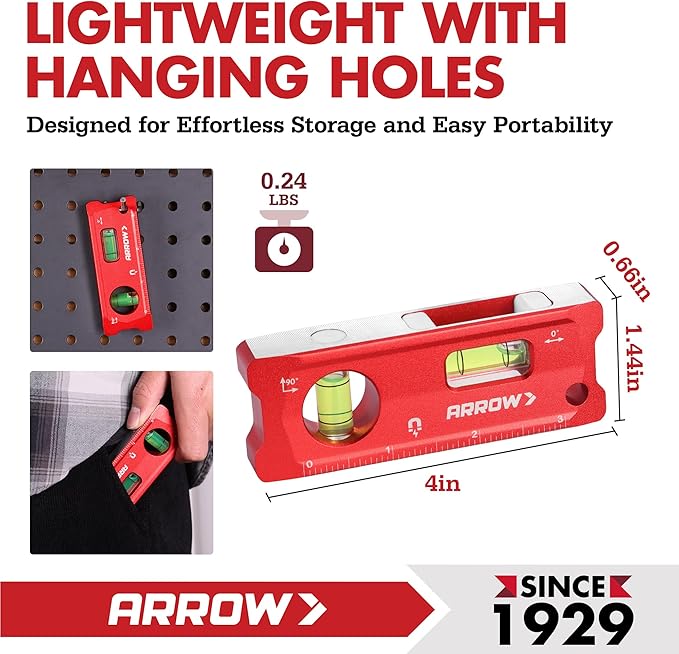 ARROW 4-Inch Torpedo Level, Small Magnetic Leveler Tool with 0°/90° Bubbles, Top-view Window, Aluminium Alloy Frame, Dual SAE and Metric Scales
