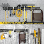 64 Inches Garage Storage, Garage Organization, Wall Mount Garden Tool Organizer, Max 620lbs Adjustable Metal Hooks, Yard Shed Rack, Tool Holder for Hanging Rake Broom Mop Snowboard, Home Gift