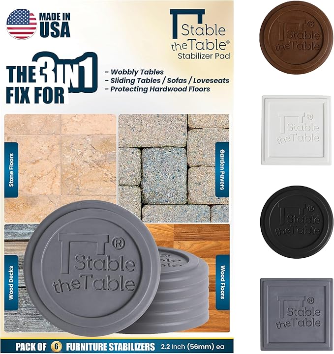 Stable the Table-6 Pack-Grey Round, Furniture Leveler & Riser, Anti-Slip Sofa Gripper for Hardwood Floors, Floor Protector, Stacking Furniture Pad, Bed, Desk, Couch & Table Stabilizer, Made in USA
