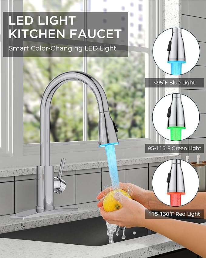 FORIOUS LED Kitchen Faucet with Pull Down Sprayer, Chrome Single Handle Stainless Steel Traditional Sink Faucets with LED Light Sprayer Head, Suitable for Farmhouse Laundry Camper Rv Bar