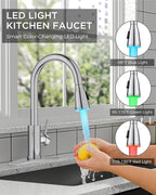 FORIOUS LED Kitchen Faucet with Pull Down Sprayer, Chrome Single Handle Stainless Steel Traditional Sink Faucets with LED Light Sprayer Head, Suitable for Farmhouse Laundry Camper Rv Bar