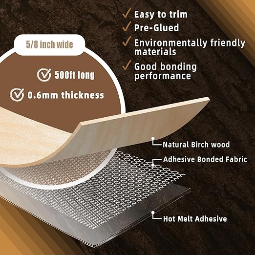 GSCIT Club Birch Edge Banding, 5/8 inch x 500ft roll of Veneer Edge Banding -Pre-glued Flexible, Real Wood Tape Banding for Cabinet Repair Furniture Restoration