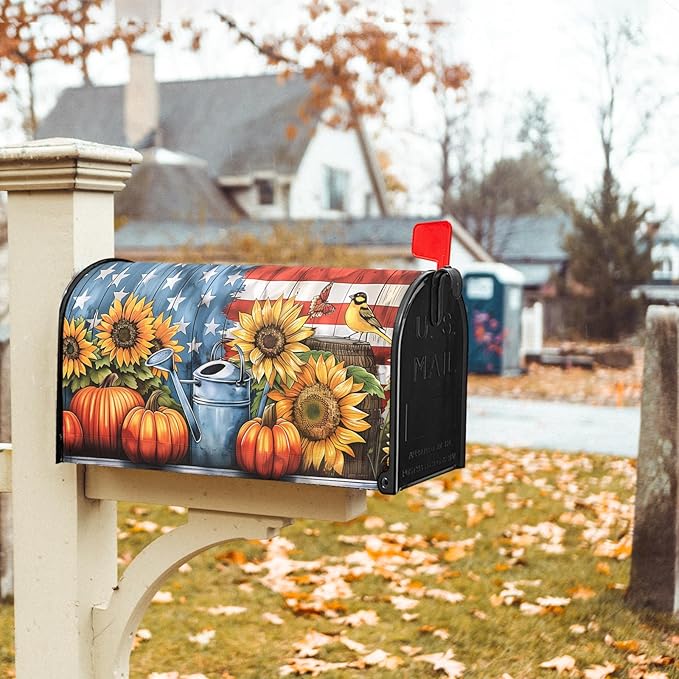 Kawani Fall Mailbox Cover - Autumn Pumpkin Sunflower America Flag Patriotic - Magnetic Standard Size 21x18 Inch Rustic Waterproof Post Box Wrap for Garden Yard Home Decor