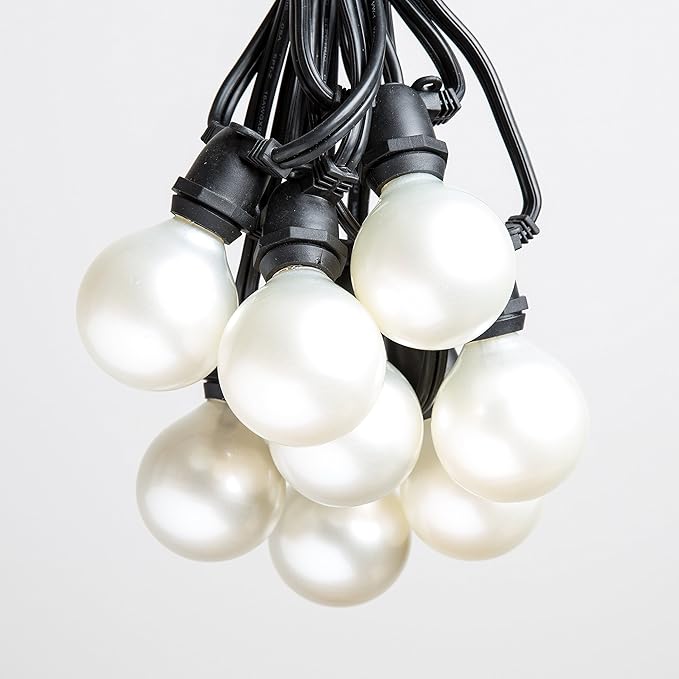 Hometown Evolution, Inc. 25 Foot C9 Commercial Exterior Globe String Lights with 20 G50 2 Inch White Satin Bulbs (Black Wire) for Weatherproof Heavy Duty Vintage Outside Lighting