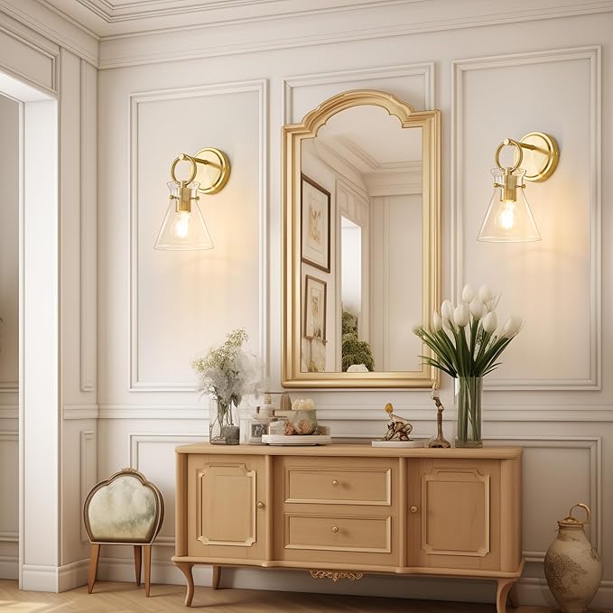 Gold Wall Sconces Set of 2 Modern Vanity Light Fixtures for Bathroom Wall Mount Lighting Lamp Hardwired Farmhouse Wall Lights with 6 Inch Clear Glass Shade for Bedroom Living Room Mirror