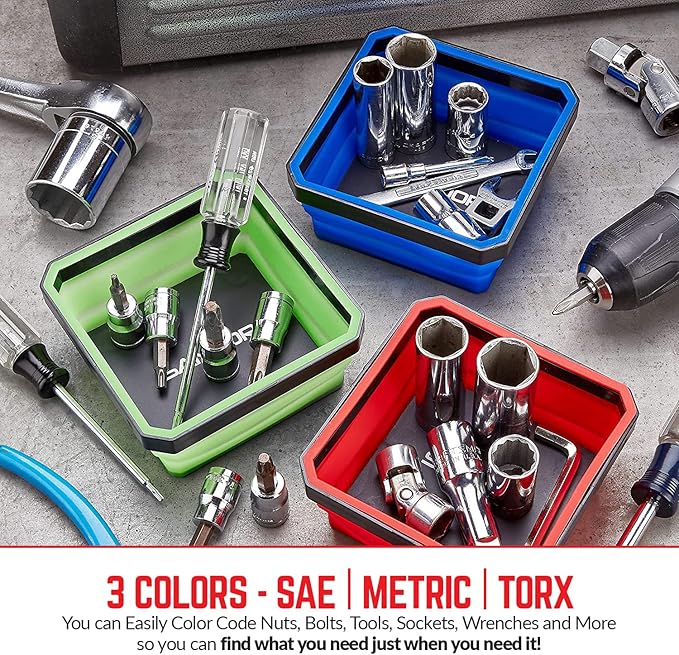 Collapsible Magnetic Parts Tray Set - (Pack of 3) Tool Trays for Screw, Bolts, Nuts, Washers, Pins and Other Small Metal Parts - 4.25 Inch Square - Red, Blue, and Green