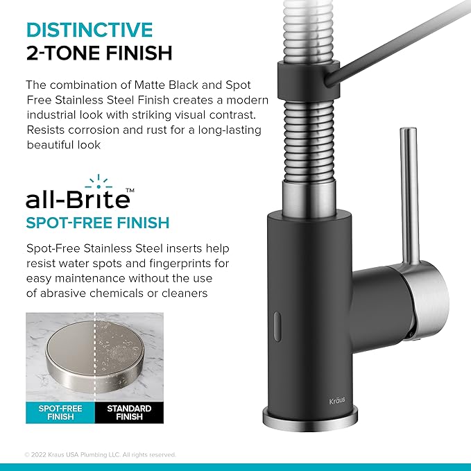 KRAUS Bolden Touchless Sensor Commercial Style 2-Function Single Handle Pull Down Kitchen Faucet in Spot-Free Stainless Steel/Matte Black, KSF-1610SFSMB
